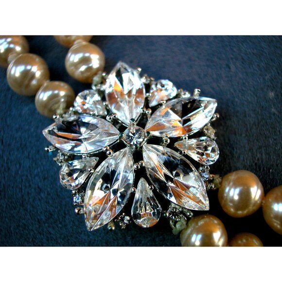 Czeanne Gold Tone Double Strand Faux Pearl Necklace W/ Rhinestone Flower - Picture 2 of 3